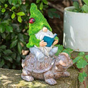 Garden Gnome Sitting on Turtle Outdoor Statues and Sculpture with Solar Lights
